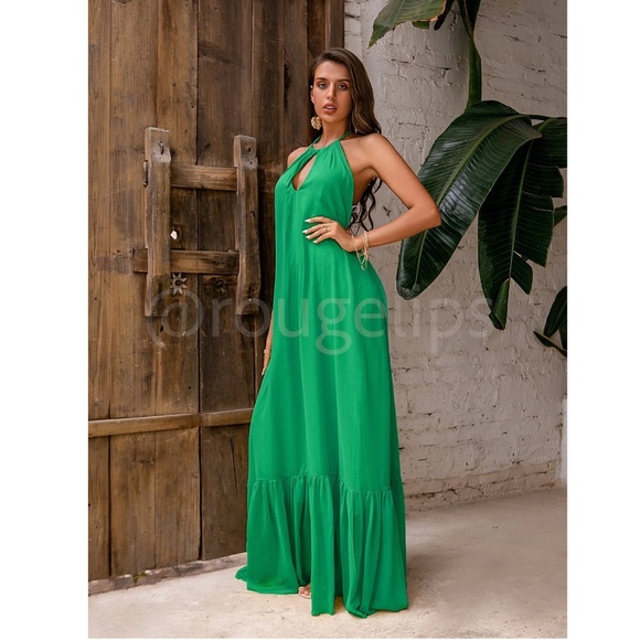 Green Flowy Halter Cutout Maxi Flared Dress Backless Open Back - Picture 4 of 8